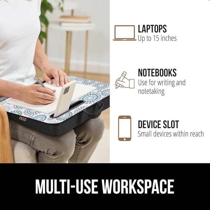 GORILLA GRIP Laptop Lap Desk with Phone Holder, Pillow Cushion Desks Fit Laptops up to 15.6", Tray Ledge Keep Computers in Place, Portable Travel Workstation Essentials for Home, Dorm, Spiral Pattern