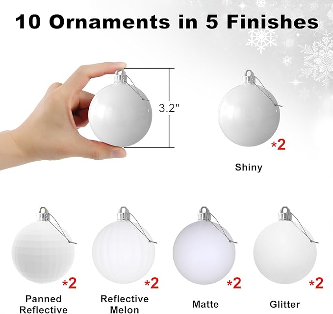 White 3.2" Large Christmas Balls - Christmas Tree Decoration Ornaments Shatterproof Hanging Balls for Birthday Halloween Holiday Wedding Decorations Set of 10pcs