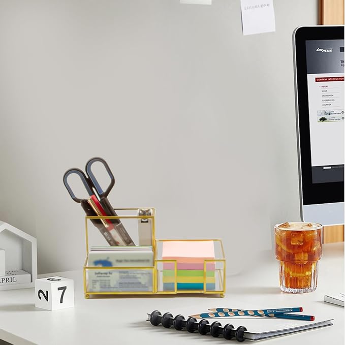 Desk Organizer with 3-Compartments,Glass Small Desk Organizer for Pens Pencils Business Cards Sticky Notes Paper Clips,Gold Stylish Pen Holder for Desk Home Office Decor