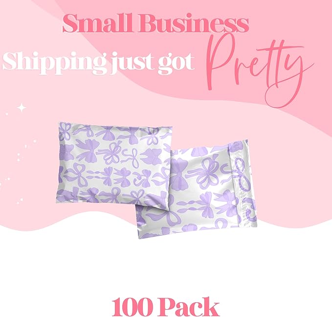 6x9 Designer Poly Mailer 100 Pack Heavy Duty Waterproof Self Seal Shipping Bags for Small Business Large Mailing Envelopes Bulk Tear Resistant Packaging Purple Bows