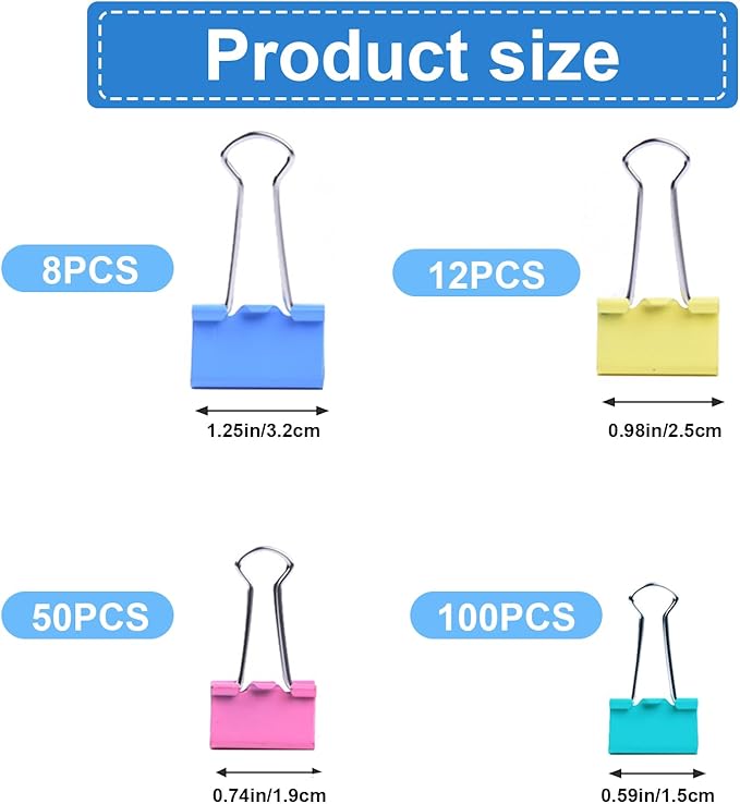 170 Pcs Binder Clips Assorted Sizes, Colored Large, Medium, Small Binder Paper Clips for Office Supplies, Home, School Document Organizing (Blue, Pink, Yellow, Green)