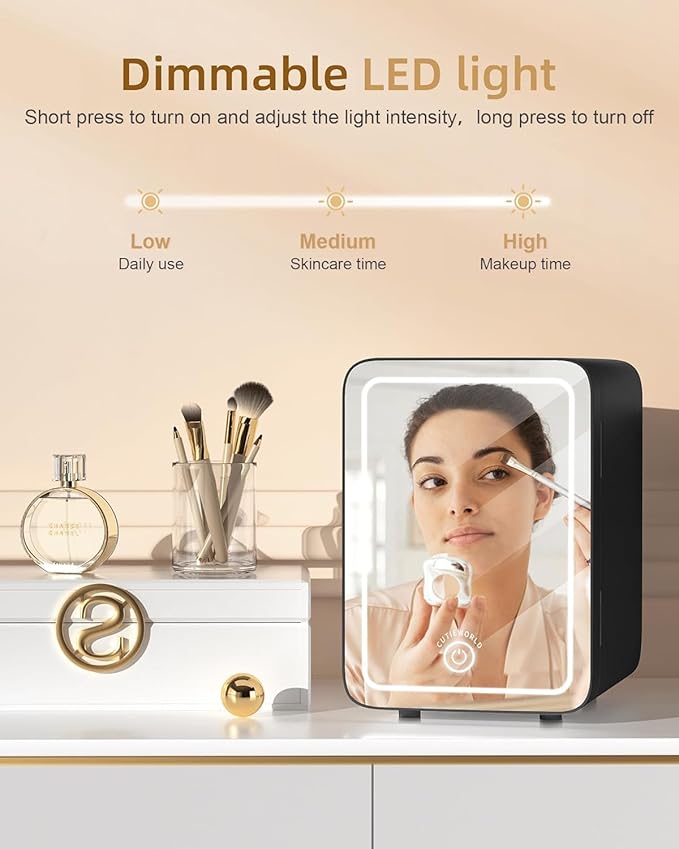Makeup Fridge With Dimmable LED Light Mirror, 4L Mini Fridge for Bedroom, Car, Office & Dorm, Cooler & Warmer, Portable Small Refrigerator for Cosmetics, Skin Care and Food, Black