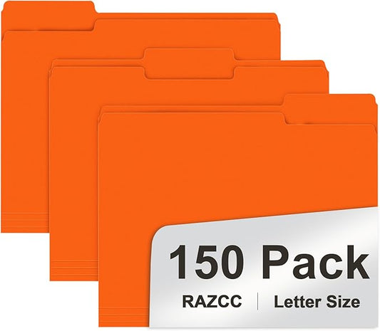 File Folder, RAZCC 150 Pack 1/3 Cut Tab File Folders Letter Size, Orange, Folders with Tab, Great for Organizing and Easy File Storage