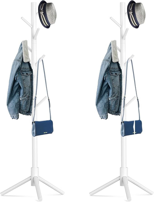 Wooden Tree Coat Rack Stand,Sturdy Freestanding Coat Rack with 8 Hooks,3 Adjustable Height for Child Adult,Wood Coat Stand Tree Fits Entryway Bedroom Office for Bags,Hats, 2 Pack