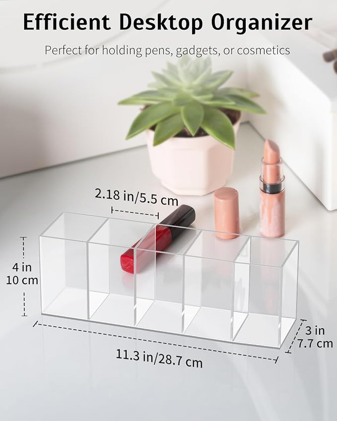 Uniclife Clear Acrylic Pen Holder for Desk, Plastic Pencil Holder Pen Organizer with 5 Compartments, Desktop Stationery Organizer for Office Home School, Vertical Makeup Brush Holder, 11.3" x 3" x 4"