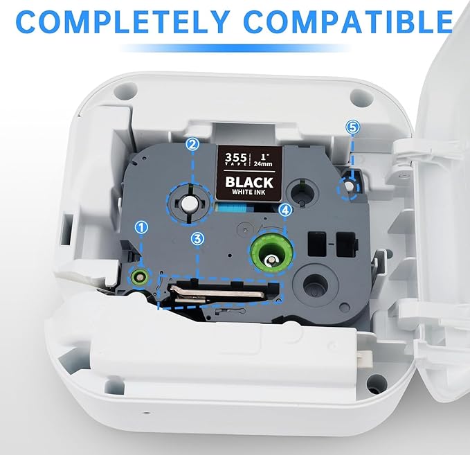 Unismar TZe-355 Compatible for Brother Ptouch 24mm 0.94 Laminated White on Black Label Tape TZ355 TZ Tape Work for PTD600 PT-P700 PT-2430PC PT-D600VP PT-D800W PT-P900W Label Maker, 1'' x 26.2', 4-Pack