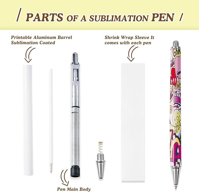 30 Pack Sublimation Pens Blank With Shrink Wrap, No Clip Heat Transfer Sublimation Ballpoint Pen, White Aluminum Personalized Customized Pen for DIY Office School Stationery Supplies