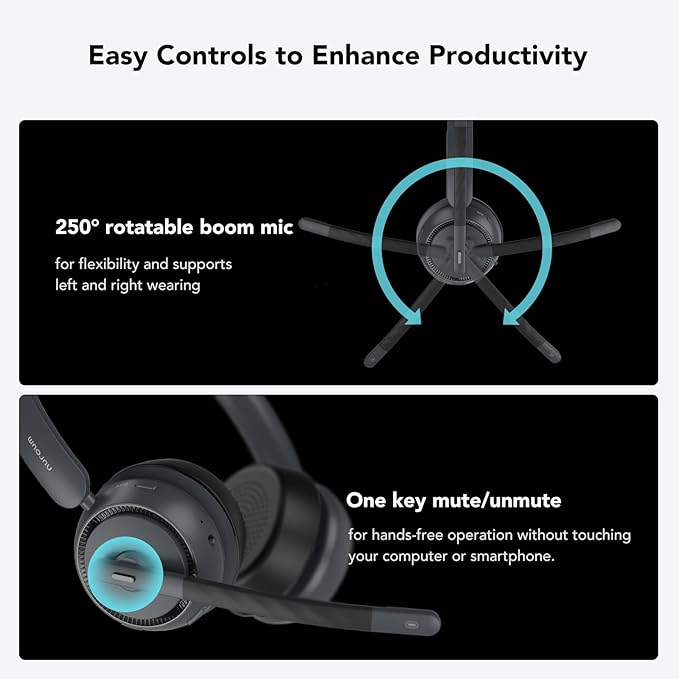 NUROUM Wireless Headset with Mic for Work, Bluetooth Headset with Noise Cancelling Microphone, Mute Button, USB for PC/Computer/Laptop for Zoom/Teams, Office/Call Center/Work from Home HP31DN