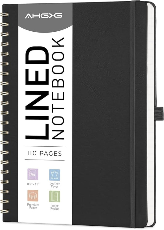 AHGXG Lined Spiral Notebook 8.5" x 11", A4 Large Notebooks for Women Men, Hardcover Leather Notebook College Ruled, 100 GSM Thick Paper, Notebooks for Work School Note Taking Writing, Black