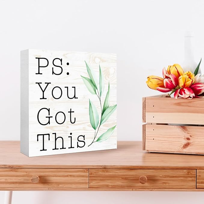 You Got This Sign Wood Box,Funny Inspirational Quote Wooden Block Sign for Home Office Tabletop Shelf Decor 5" x 5",Motivational Desk Decor Accessories for Women