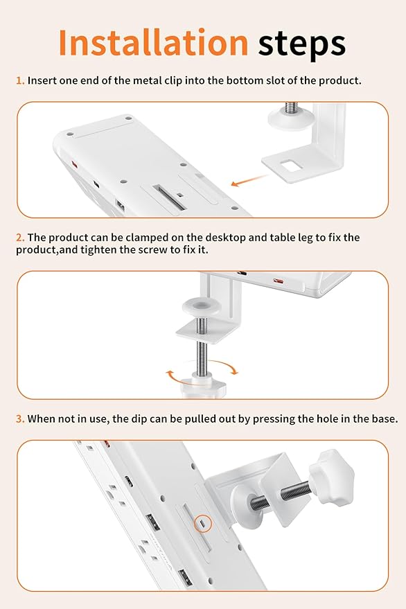 6.5 FT Desk Clamp Power Strip with 5 AC Outlets & 6 USB Ports PD 40W USB-C Fast Charging, 1250J Surge Protector, Fits 2.6 in top Edge White