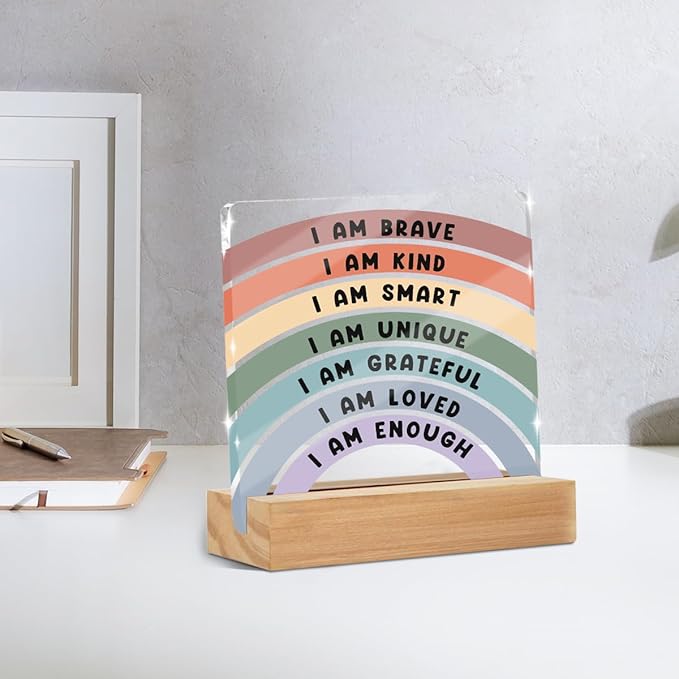 Positive Affirmations I Am Enough Desk Decor Acrylic Sign 4x4 Inch, Inspirational Gifts for Women Men, Cute Rainbow Desk Gadgets Table Top Cubicle Accessories Office Living Room Bedroom Decor