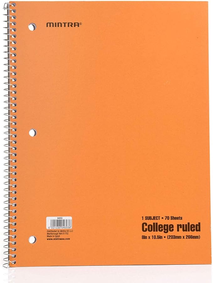 Mintra Office Spiral Notebooks - 1 Subject, 70 Sheets, College Ruled, 8in x 10in, Bulk Pack, Pastel Covers, Set of 6 - for School, Office, Business, Professional (04693)