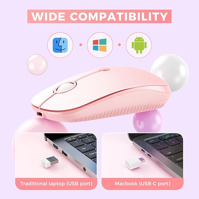 VssoPlor Type C Wireless Mouse, USB C MacBook Wireless Mouse Dual Mode 2.4G Cordless Mice with Nano USB and Type C Receiver Compatible with PC, Laptop, MacBook, ipad-Gradient Pink