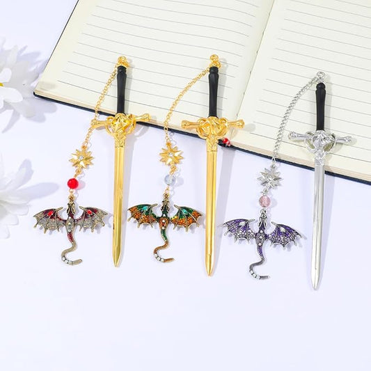 Fantasy Dragon Leather Corner Bookmark, Elegant Metal Dragon Charms Leather Page Saver, Chic Book Accessory for Bookworms, Great Gift for Dragon & Book Lovers (Dragon Sword B)
