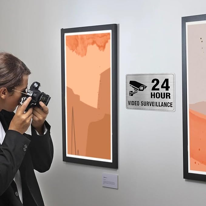 24 Hour Video Surveillance Sign Aluminum Silver 8 x 6 Inches Self-Adhesive Waterproof Metal Door Wall Sign for Business Restaurants 2 Pack