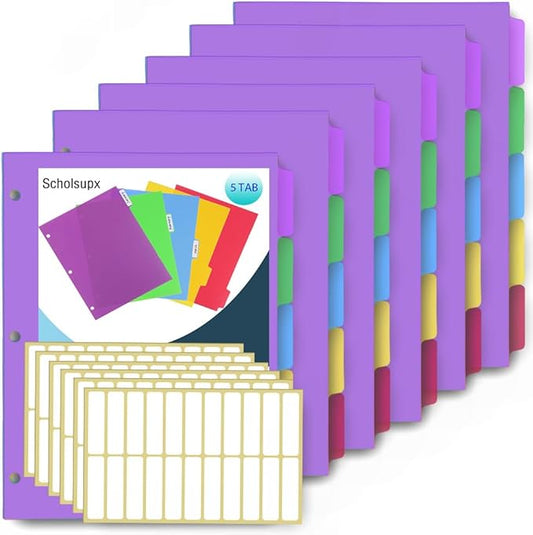 6 Sets 5 Tab Binder Dividers, Plastic Binders Dividers with Tabs Colorful Big Tab Fit Standard 8.5 X 11 Sheets, Dividers for 3 Ring Binder