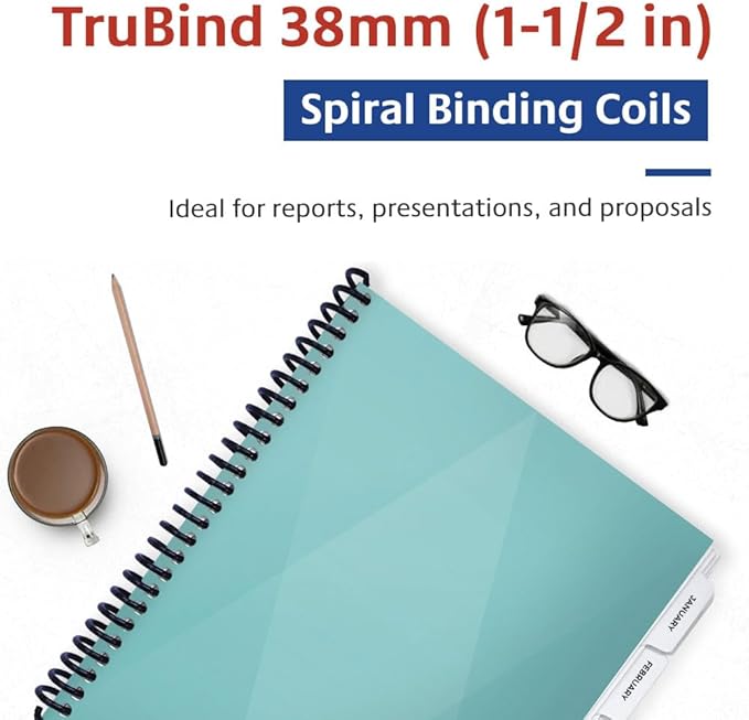 TruBind 38mm (1-1/2 in.) Spiral Binding Coils for Reports, Presentations and Proposals | 4:1 Pitch | 12 in. Length | Black | 330 Sheets Binding Capacity | 50 Pack