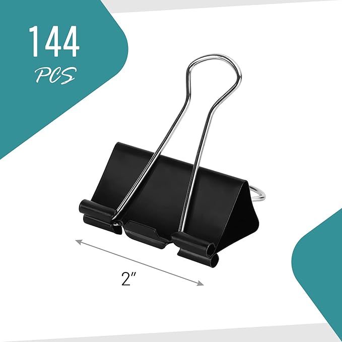 Binder Clips - 144 Pack Large Binder Clips, 2 Inch, Black Paper Clamps, File Clip for Home, Office and School Supplies
