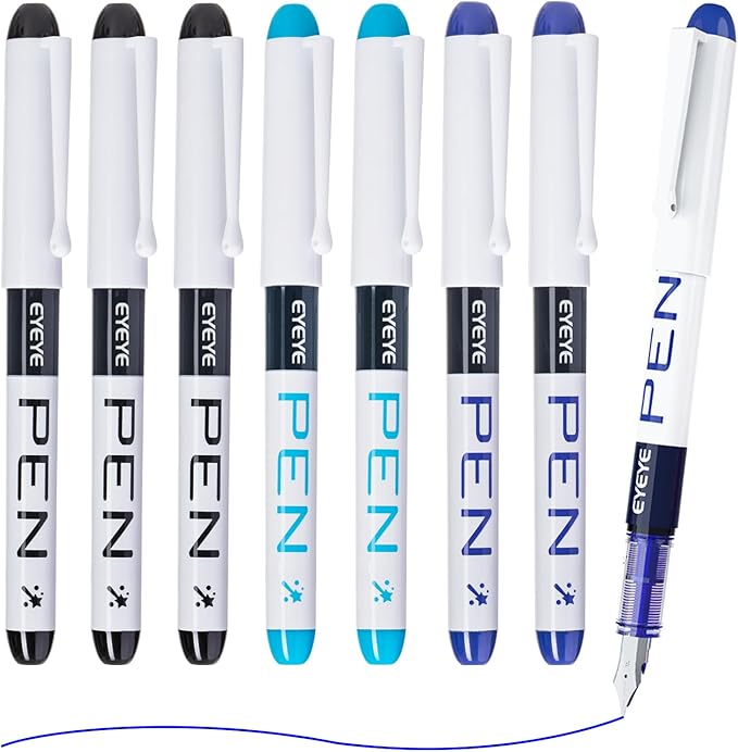 EYEYE Disposable Fountain Pens, 8 Pack 3 Colors Fine Point Pens Stainless Steel Nib, Fountain Pens Smooth Writing for Calligraphy, Journaling, Drafting, Sketching, Doodling & Office Supplies