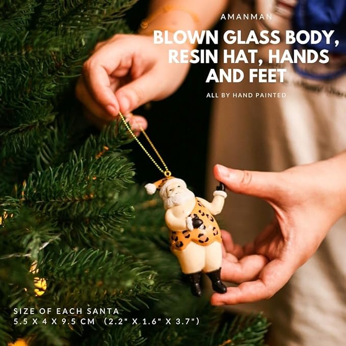 Funny Santa Ornaments Set of 2 - Playful Leopard Print Santas! Blown Glass Santa Ornaments for Christmas Tree