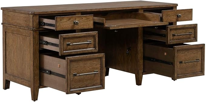 Liberty Furniture Carolina Park Jr Executive Credenza with Keyboard Tray, Locking File Storage for Home Office- Amber Brown Oak Wood