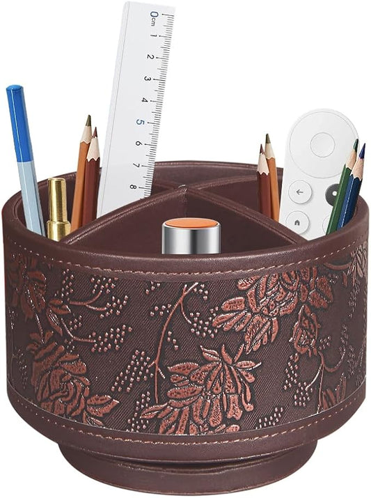 360° Rotating Pen Holder for Desk, Leather Pencil Pen Organizer Remote Control Holder Table Desktop Nightstand Organizer Caddy Storage, Office Desk Organizers And Accessories 5.5x5.5x4.0 Inch