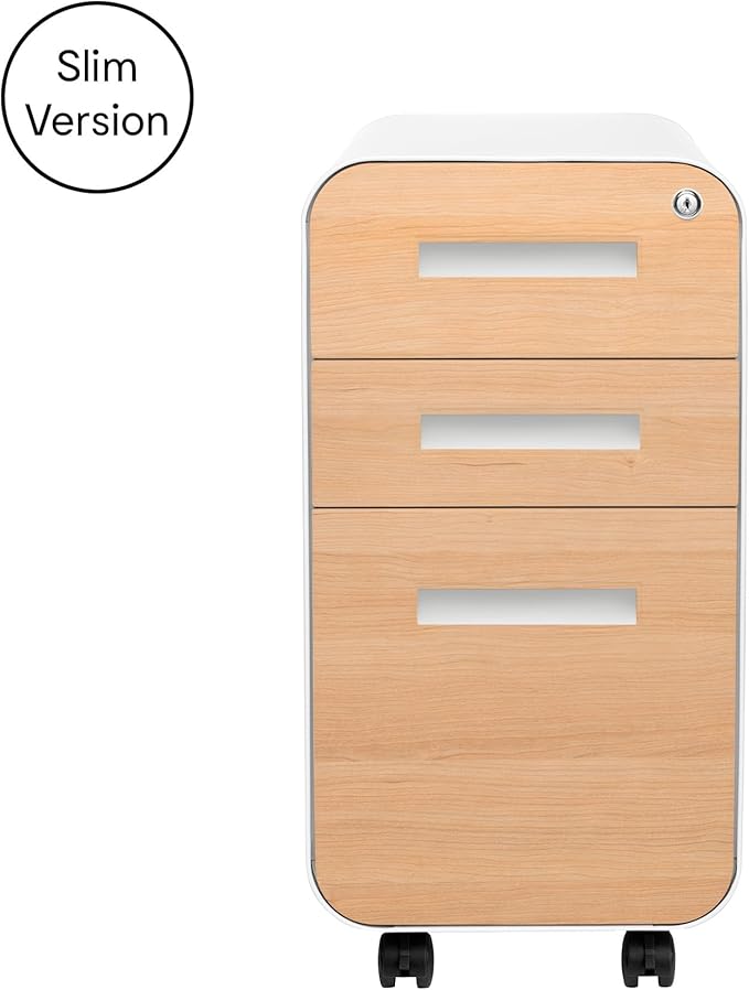 Laura Davidson Furniture Stockpile Slim 3-Drawer Mobile File Cabinet with Lock - Under Desk Metal Filing Cabinet, Legal/Letter File Folders, Wheels & Stationary Feet, Assembled, White/Wood Faceplate