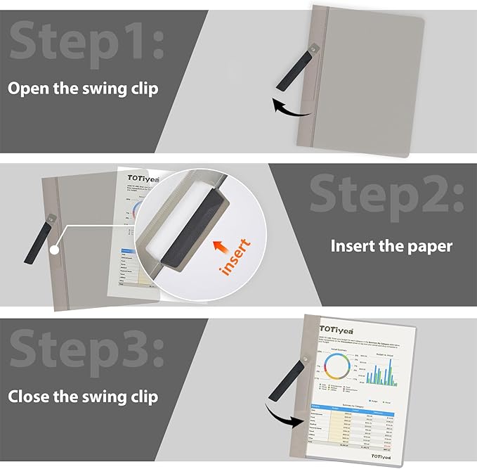 TOTiyea 10 Pack Clear Report Covers with Swing Clip, File Folder with Swing Clip, 30 Sheets Capacity, Slide Locking Report Covers, Letter Size (Grey, 10 Pack)