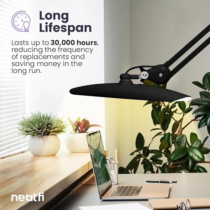 Neatfi XL 2,200 Lumens LED Task Lamp, 20W, 182 Pcs SMD LED, Dimmable, 4 Level Brightness, 3 Light Modes, Desk Light for Home, Office, Workbench (CCT, Black)