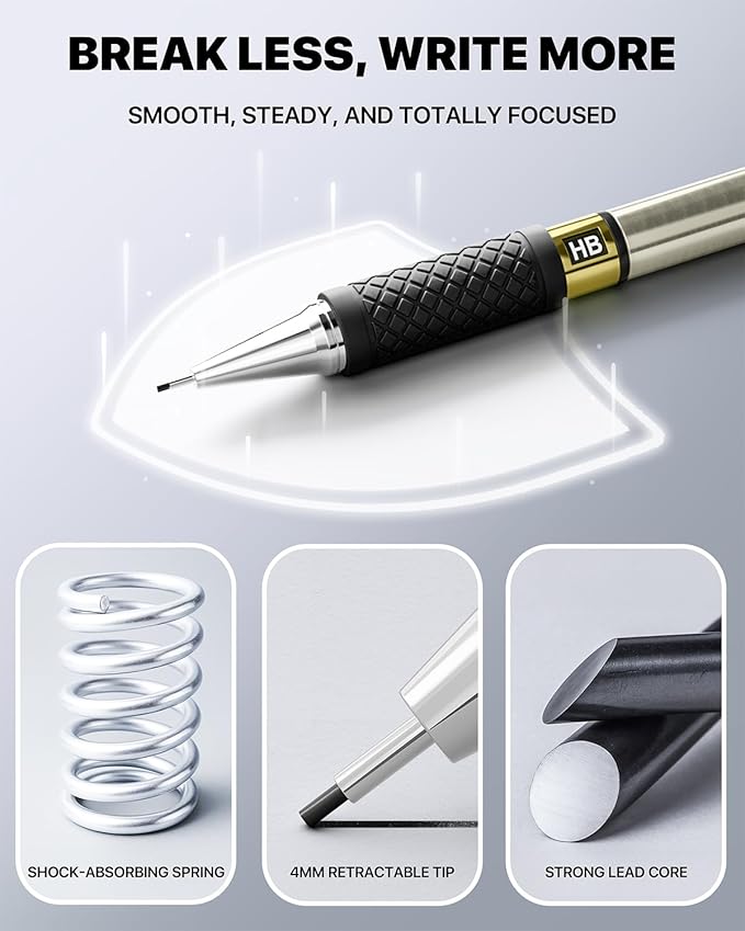 Four Candies Metal Mechanical Pencil Set - 3PCS 0.5 & 0.7 & 0.9 mm Art Pencils & 360PCS HB Lead Refills & 3PCS Erasers & 9PCS Eraser Refills, for Drawing, Writing, Sketching, Drafting - With Case