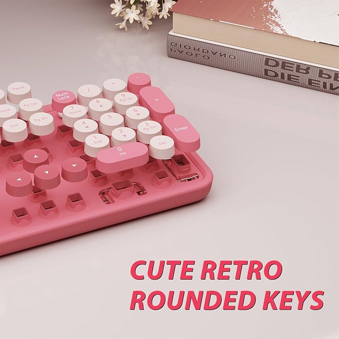 Wireless Keyboard,KOOTOP Cute Colorful 104 Keys Typewriter Retro Round Keycaps Keyboard for PC Laptop,Desktop,Windows, Home and Office Keyboards(Pink)