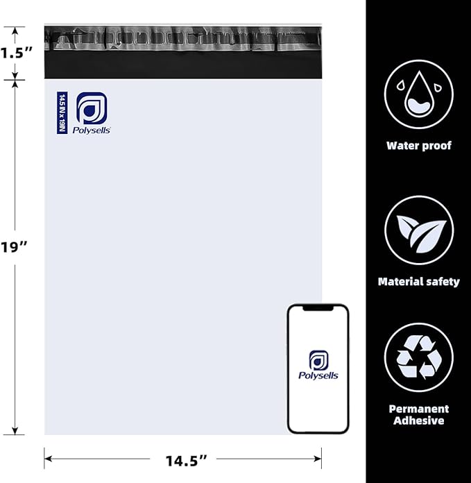 POLYSELLS 500 pcs 14.5x19 Inches White Poly Mailers Shipping Envelopes, Strong Adhesive Sealing, Waterproof, and Tear-resistant Postal Mailing Bags for Clothing, Books, and Accessories