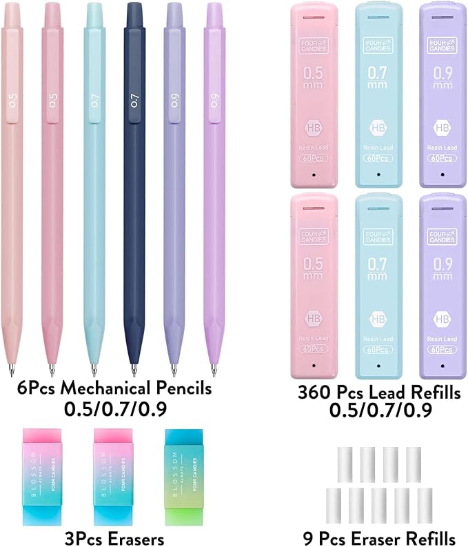 Four Candies Cute Mechanical Pencil Set, 6PCS Pastel Mechanical Pencils 0.5 mm & 0.7mm & 0.9mm with 360PCS Leads, 3PCS Erasers and 9PCS Eraser Refills, Aesthetic Pencils for Girls Writing, Art Drawing