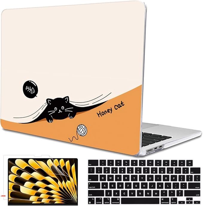 Compatible with MacBook Air 13.6 inch Case 2025 M4 A3240 Cover 2024 M3 A3113 2022 2023 A2681 M2 Chip, Crystal Plastic Pattern Hard Shell Case for Mac Air 13 M4 2025 Touch ID, Honey Cat