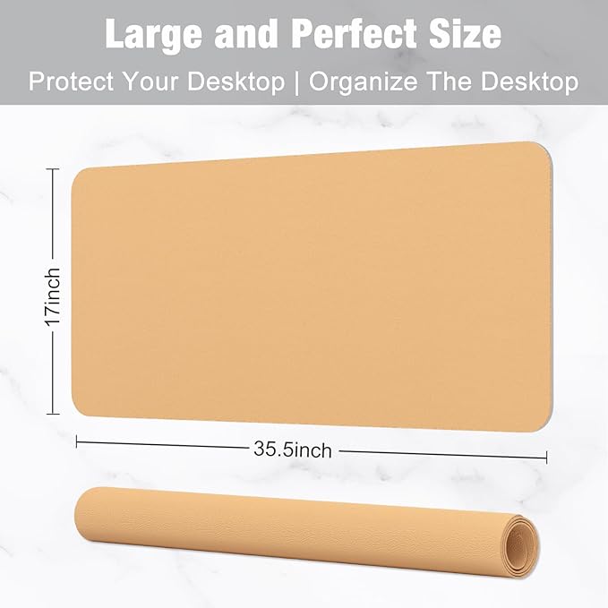 Hsurbtra Desk Pad, 35.5" x 17" PU Leather Desk Mat, XXL Extended Mouse Pad, Waterproof Desktop Blotter Protector, Non-Slip Ultra Thin Large Laptop Keyboard Writing Mat for Office Home, Earth Yellow