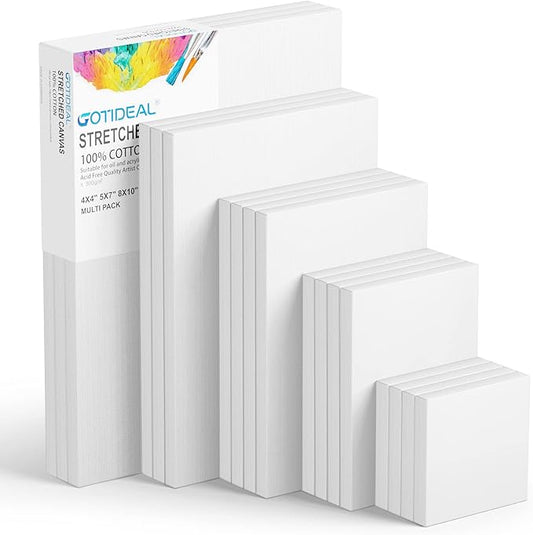 GOTIDEAL18Pcs Stretched Canvases for Painting Multi Pack 4x4, 5x7, 8x10,9x12, 11x14 Set, Primed White - 100% Cotton Artist Blank Canvas Boards for Painting, Acrylic Pouring,Oil Paint