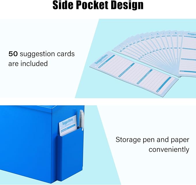 xydled Wall Mounted Ballot & Donation Box with 50 Suggestion Cards, Metal Suggestion Collection Box with Key Lock, Blue, 8.7"x 5.9"x7.1"