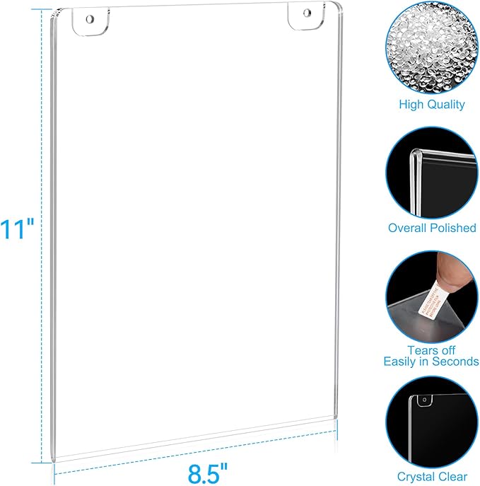 EHWINE 4 Pack 8.5x11 Wall Mount Acrylic Sign Holder, Acrylic Wall Sign Photo Menu Flyer Display Holder, Plastic Clear Picture Adhesive Frames for Office Business Store (Provide Mounting Screws)