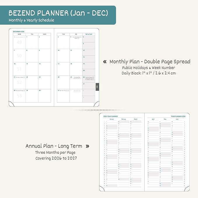 BEZEND Pocket Calendar 2026 Weekly and Monthly (3.5" x 6") Small Daily Planner for Purse (Jan-Dec) with Notes & Expenses, Inner Pocket, Pen Holder, Vegan Leather Hardcover - Black