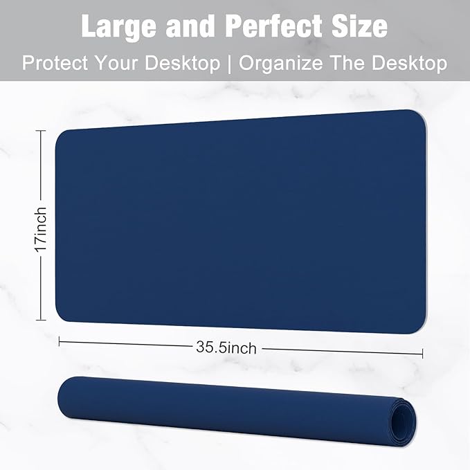 Hsurbtra Desk Pad, 35.5" x 17" PU Leather Desk Mat, XXL Extended Mouse Pad, Waterproof Desktop Blotter Protector, Non-Slip Ultra Thin Large Laptop Keyboard Writing Mat for Office Home, Navy Blue
