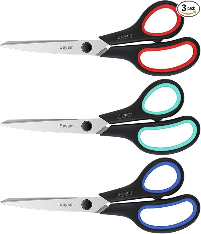 3-Pack 8" Heavy Duty Scissors with Ultra Sharp Blades and Comfort Grip Handles - For Office, Home, School, Sewing, and Crafts