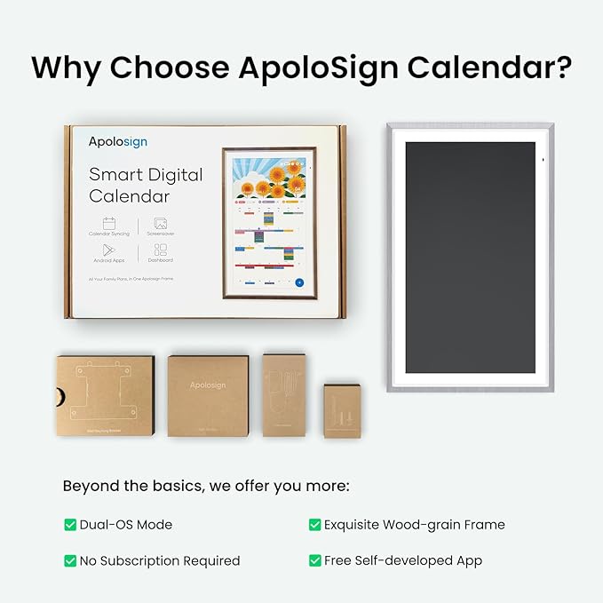 ApoloSign 21.5" Digital Calendar: Dual Mode Calendar with Google Play & Multi-calendar Sync, Electronic Planner & Chore Chart, Smart Touchscreen, Interactive Display for Family Schedules (Gray Wood, 21.5-inch)