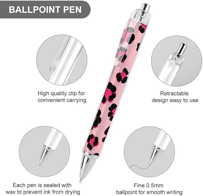 Cute Ballpoint Pen Refillable Black Ink 0.5 mm Ball Point Pens Cheetah Leopard Print Pink Floral Retractable Pens Writing Accessories for Teacher Writer, 2 Pcs