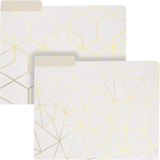Paper Junkie 12-Pack Cute Geometric Gold Foil Decorative & Colored File Folders, Letter Size (9.5x11.5 in) - 1/3-Cut Tab File Folders for Office Supplies - Aesthetic Office Supplies