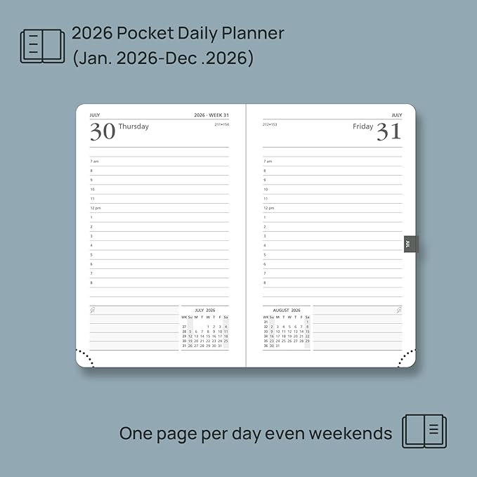 POPRUN 2026 Daily Planner One Page Per Day A6 Size Calendar (4.25" x 6.25") - 12 Months Hourly Appointment Book with Hardcover, Monthly Tabs, Pocket, Pen Holder - Navy Blue