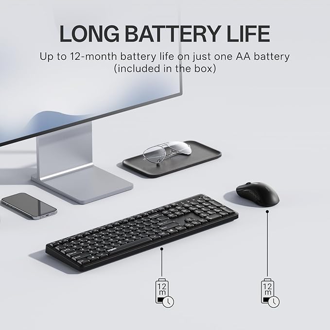Rapoo X2100 Quiet Wireless Keyboard and Mouse Combo, 2.4GHz USB Receiver, 12 Multimedia Keys, Spill-Proof, Full-Sized, Compatible with PC, Laptop, Black