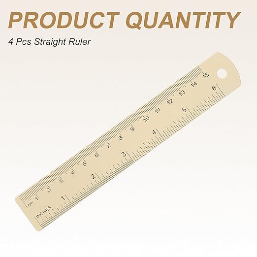 HARFINGTON 4pcs Metal Straight Ruler 15cm Metric SAE Aluminum Alloy Measuring Rulers Scale Tool with Hole for Measure Study Reading Classroom Office, Beige