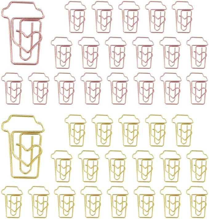 OWLFAVO 40pcs Coffee Cup Shape Paper Clips with Clear Box, Rose Gold and Yellow Gold, Funny Cute Paperclips Bookmarks Planner Clips for Fun Office Supplies School Gifts Wedding Decoration