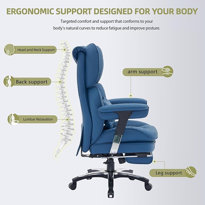 Efomao Big and Tall Office Chair with Footrest – High Back Computer Chair with Adjustable Armrests，Executive Office Chair with Wide Seat, Modern Desk Chair for Home Office, Gaming, or Study, Blue
